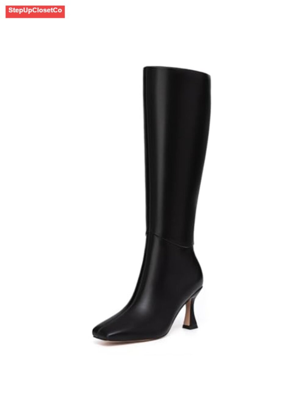 Kitten Heel Knee High Boots Square Toe PU Leather Tall Boots for Women